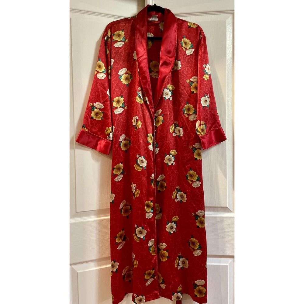 Vintage Morgan Taylor Robe Womens Petite Red Floral Satin Kimono Belted 90s